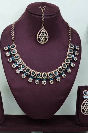 Blue yellow gold premium designer american diamond and stone work necklace set