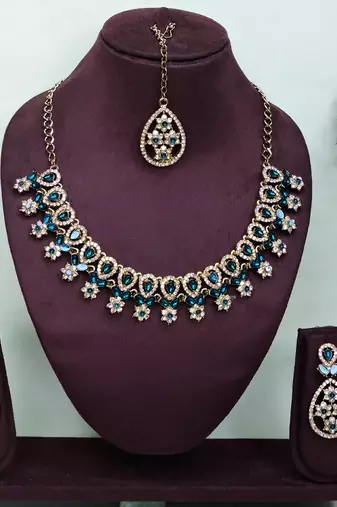 Blue yellow gold premium designer american diamond and stone work necklace set