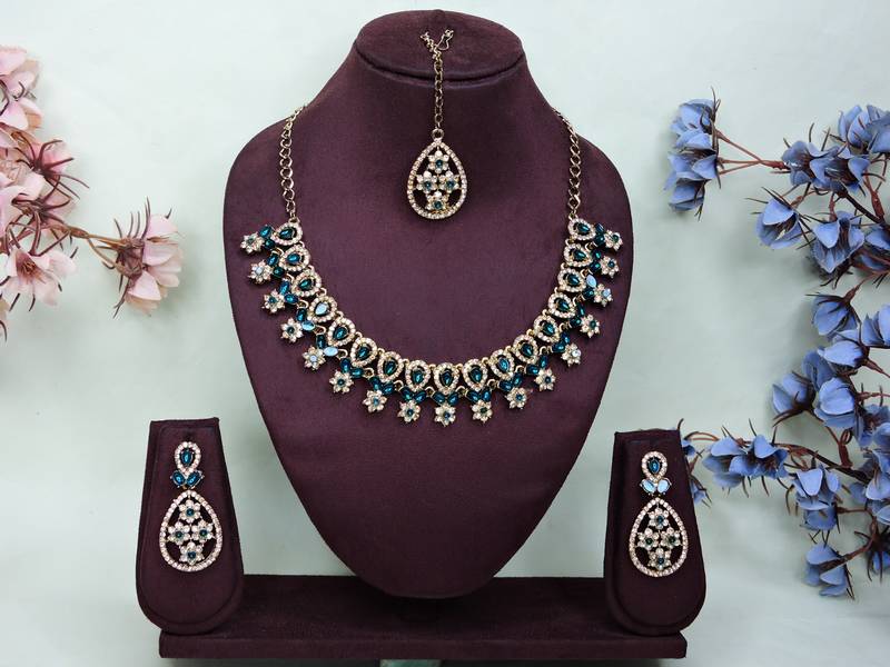 Blue yellow gold premium designer american diamond and stone work necklace set