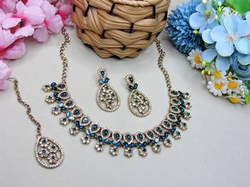 Blue yellow gold premium designer american diamond and stone work necklace set 2