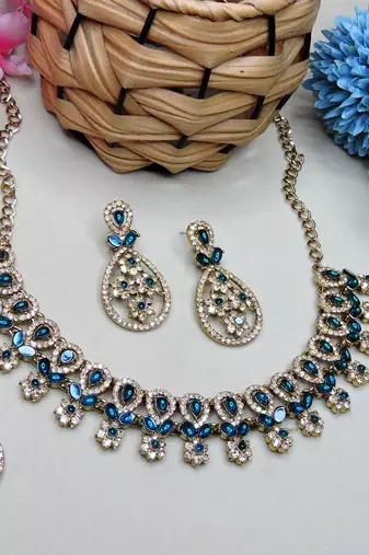 Blue yellow gold premium designer american diamond and stone work necklace set