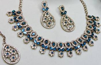 Blue yellow gold premium designer american diamond and stone work necklace set 3