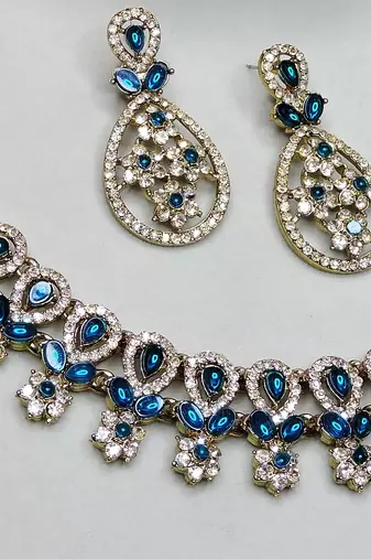 Blue yellow gold premium designer american diamond and stone work necklace set