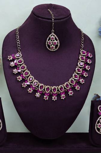 Pink yellow gold premium designer american diamond and stone work necklace set