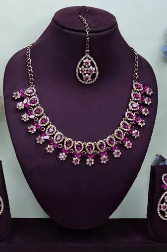 Pink yellow gold premium designer american diamond and stone work necklace set