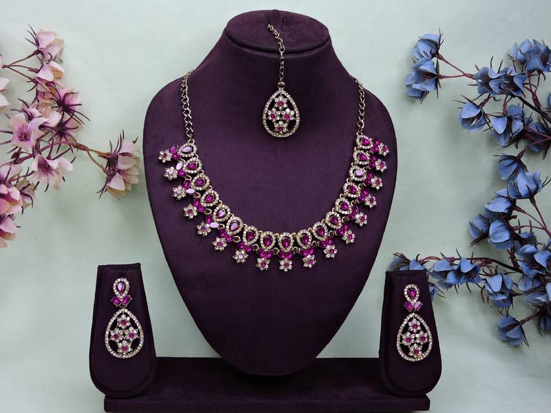 Pink yellow gold premium designer american diamond and stone work necklace set