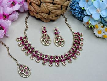 Pink yellow gold premium designer american diamond and stone work necklace set 2