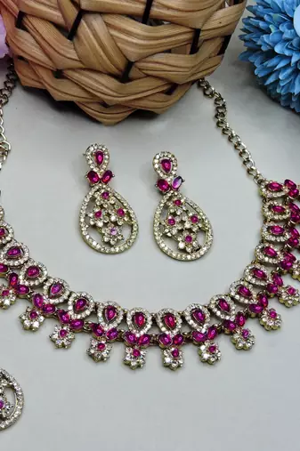 Pink yellow gold premium designer american diamond and stone work necklace set