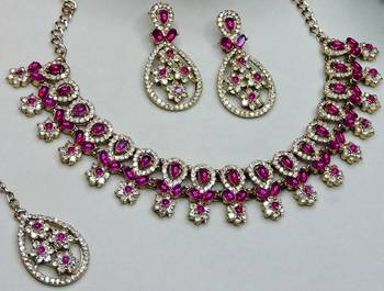 Pink yellow gold premium designer american diamond and stone work necklace set 3