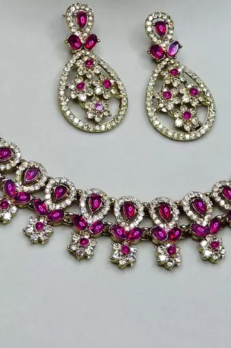 Pink yellow gold premium designer american diamond and stone work necklace set