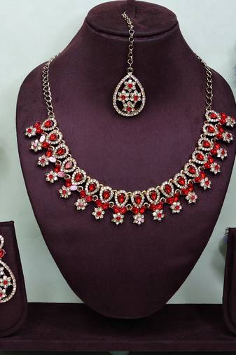 Red yellow gold premium designer american diamond and stone work necklace set