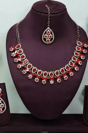 Red yellow gold premium designer american diamond and stone work necklace set