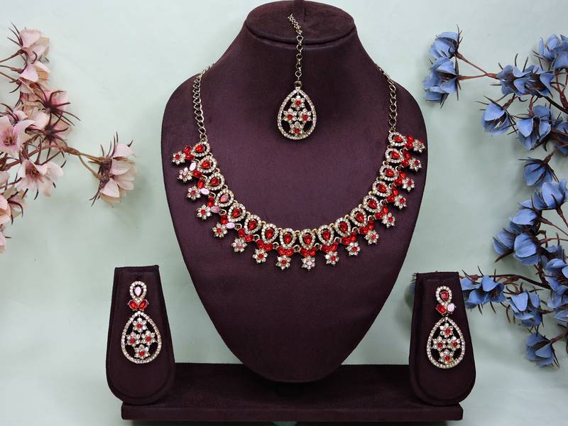 Red yellow gold premium designer american diamond and stone work necklace set
