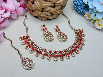 Red yellow gold premium designer american diamond and stone work necklace set 2