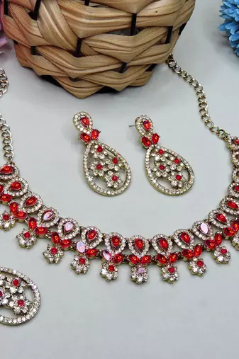 Red yellow gold premium designer american diamond and stone work necklace set