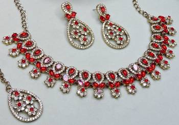 Red yellow gold premium designer american diamond and stone work necklace set 3