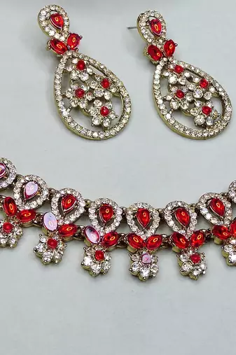 Red yellow gold premium designer american diamond and stone work necklace set