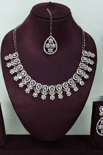 White yellow gold premium designer american diamond and stone work necklace set