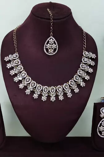 White yellow gold premium designer american diamond and stone work necklace set