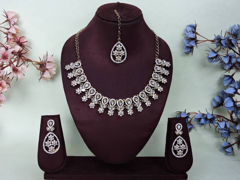 White yellow gold premium designer american diamond and stone work necklace set