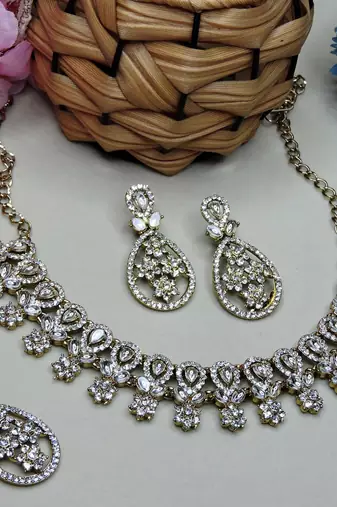White yellow gold premium designer american diamond and stone work necklace set