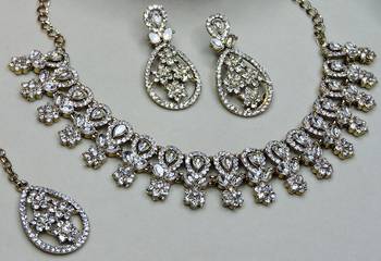 White yellow gold premium designer american diamond and stone work necklace set 3
