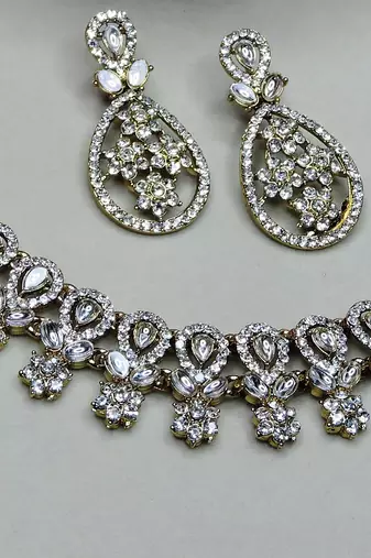 White yellow gold premium designer american diamond and stone work necklace set