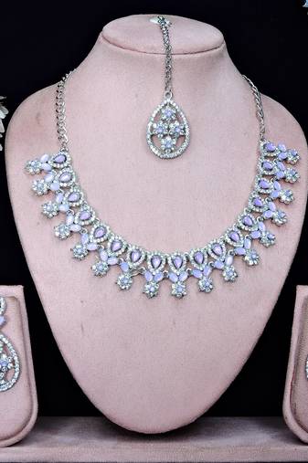 Purple rhodium premium designer american diamond and stone work necklace set