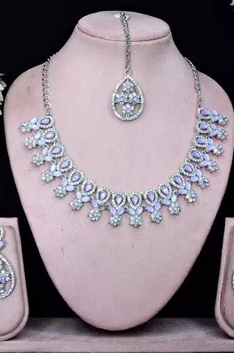 Purple rhodium premium designer american diamond and stone work necklace set