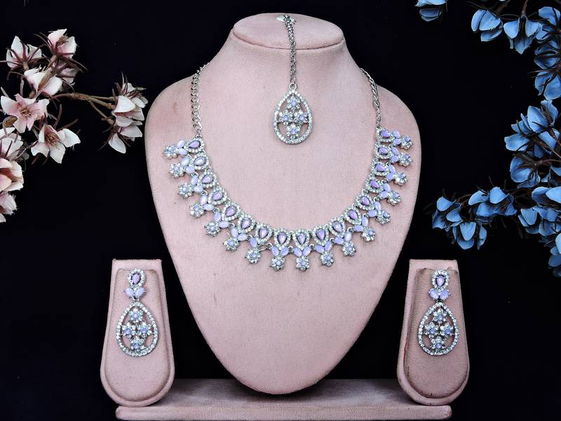 Purple rhodium premium designer american diamond and stone work necklace set