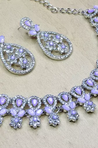 Purple rhodium premium designer american diamond and stone work necklace set
