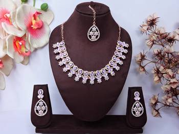 Purple rose gold premium designer american diamond and stone work necklace set 1