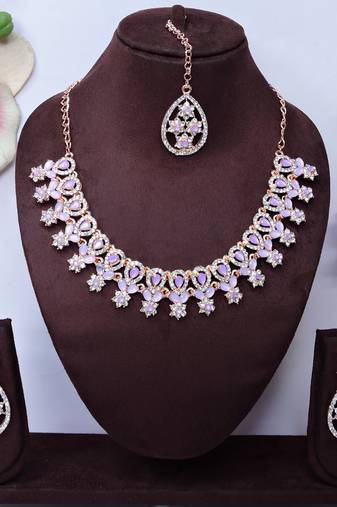 Purple rose gold premium designer american diamond and stone work necklace set
