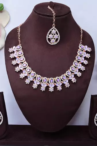 Purple rose gold premium designer american diamond and stone work necklace set