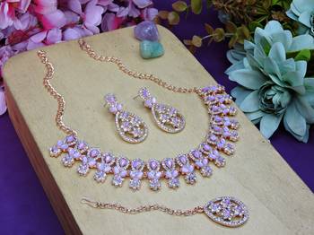 Purple rose gold premium designer american diamond and stone work necklace set 2