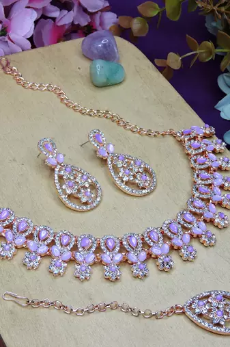 Purple rose gold premium designer american diamond and stone work necklace set