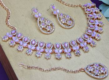 Purple rose gold premium designer american diamond and stone work necklace set 3
