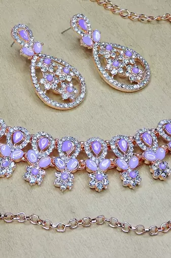 Purple rose gold premium designer american diamond and stone work necklace set