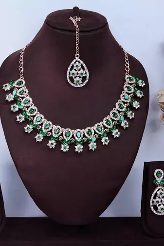 Green rose gold premium designer american diamond and stone work necklace set