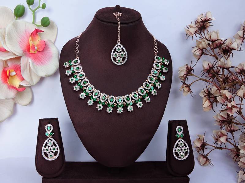 Green rose gold premium designer american diamond and stone work necklace set