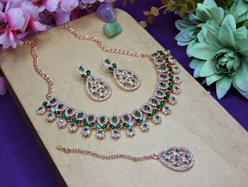 Green rose gold premium designer american diamond and stone work necklace set 2