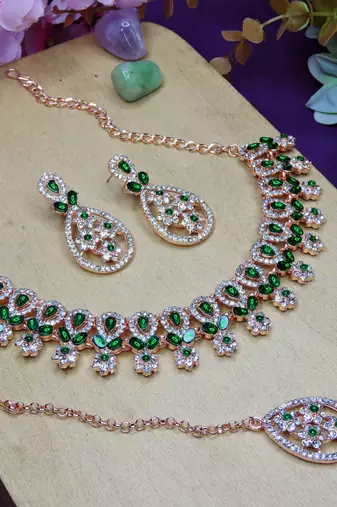 Green rose gold premium designer american diamond and stone work necklace set