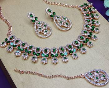 Green rose gold premium designer american diamond and stone work necklace set 3