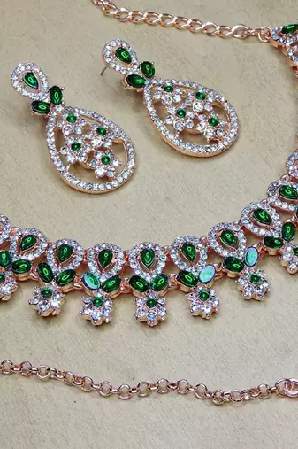Green rose gold premium designer american diamond and stone work necklace set
