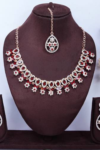 Maroon rose gold premium designer american diamond and stone work necklace set
