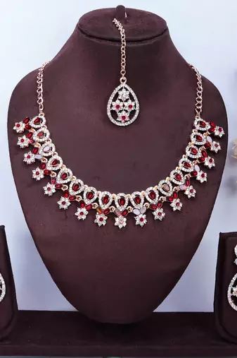 Maroon rose gold premium designer american diamond and stone work necklace set