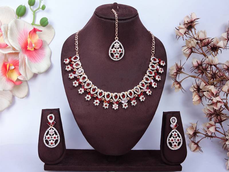 Maroon rose gold premium designer american diamond and stone work necklace set