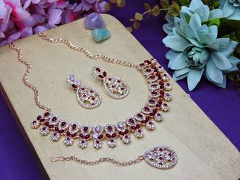 Maroon rose gold premium designer american diamond and stone work necklace set 2