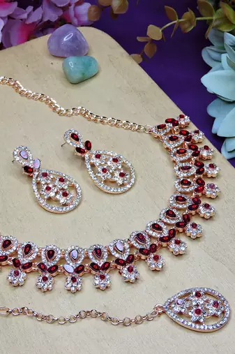 Maroon rose gold premium designer american diamond and stone work necklace set