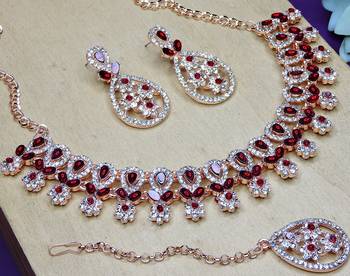 Maroon rose gold premium designer american diamond and stone work necklace set 3